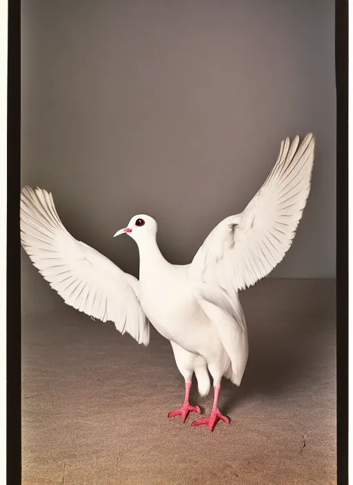 Image similar to realistic color photo of stray white pigeon with multiple wings, front view, grain 1 9 9 0, life magazine reportage photo, metropolitan museum photo