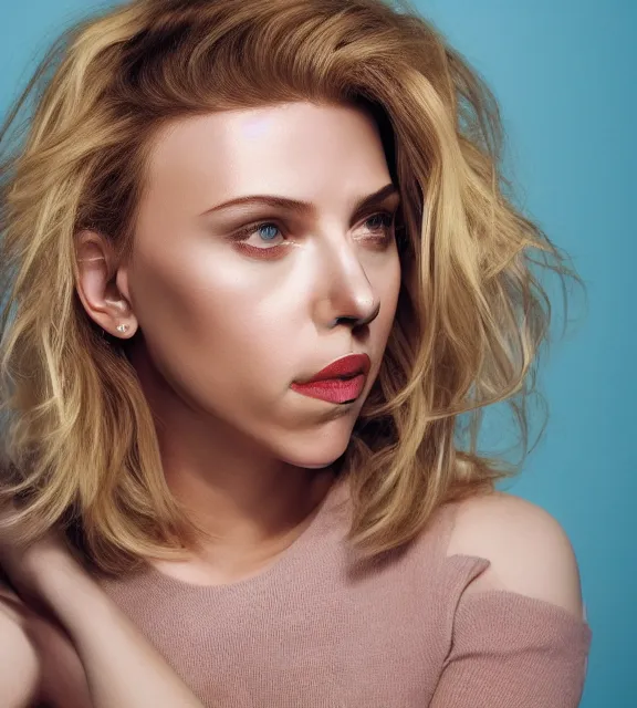 Image similar to portrait photo of Scarlett Johansson:: symmetric face, symmetric eyes, slight smile, photo by Annie Leibovitz, 85mm, teal studio backdrop, Getty images