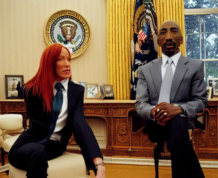 Image similar to Jen Psaki and Tupac Shakur acting fools high on LEAN in the oval office , Photograph By Rineke Dijkstra; by Yoichi Okamoto