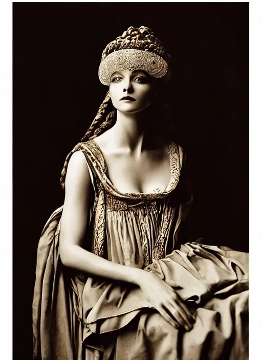 Prompt: portrait of young woman in renaissance dress and renaissance headdress, art by peter lindbergh