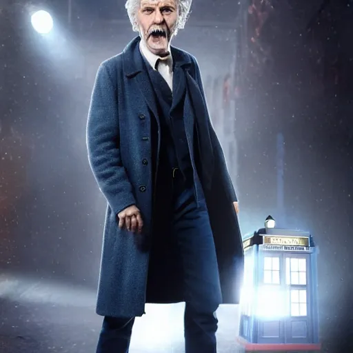 Image similar to tom holland as a rough dirty old man with a scruffy beard in a dark blue trenchcoat as the new doctor who, cinematic, volumetric lighting, f 8 aperture, cinematic eastman 5 3 8 4 film, photorealistic