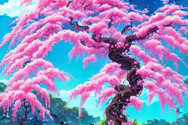 Prompt: highly detailed concept art of a sakura plum tree made with water, overgrowth, Tristan Eaton, Artgerm, Studio Ghibli, Makoto Shinkai