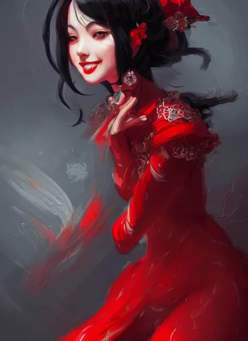 Image similar to a highly detailed illustration of hime cut black haired woman wearing red dress, dramatic smiling pose, intricate, elegant, highly detailed, centered, digital painting, artstation, concept art, smooth, sharp focus, league of legends concept art, wlop