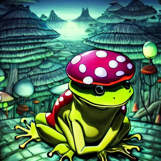 Image similar to A close up portrait of a dignified psychedelic godlike anthropomorphic frog smoking an anime blunt , magic mushroom village in background . award winning. superb resolution. in the art style of junji Ito and greg rutkowski . Detailed Mushroom city in background. Hyper realistic anime. Perfect art. Dalle2