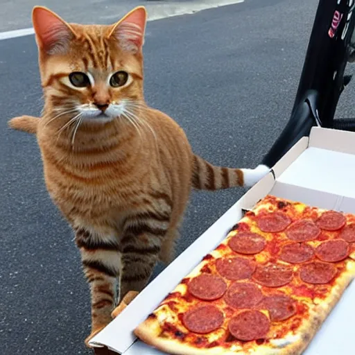 Prompt: cat on a bike chilling and eating pizza slice