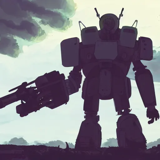 Prompt: a mech with guns on each arm preparing for combat, battlefield, dead trees, fire, smoke, dark clouds, slightly sunny, ominous, intense, epic, extremely detailed, cinematic lighting, studio ghibli, anime, steampunk, cool,