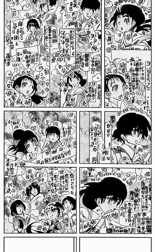 Prompt: a page of multi-panel manga by Naoko Takeuchi and Hayao Miyazaki, black and white manga comic, japanese text kanji, shoujo manga