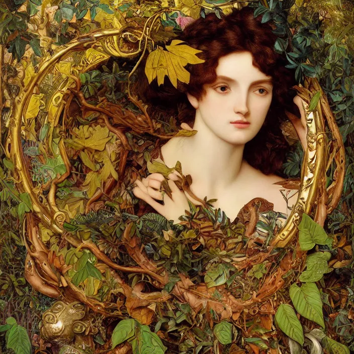 Prompt: masterpiece beautiful seductive flowing curves preraphaelite face portrait amongst leaves, extreme close up shot, straight bangs, with horns thick set features, yellow ochre ornate medieval dress, branching circle, halo, amongst foliage mushroom forest arch branching framed with plants, gold gilded circle halo, kilian eng and frederic leighton and rosetti, 4 k