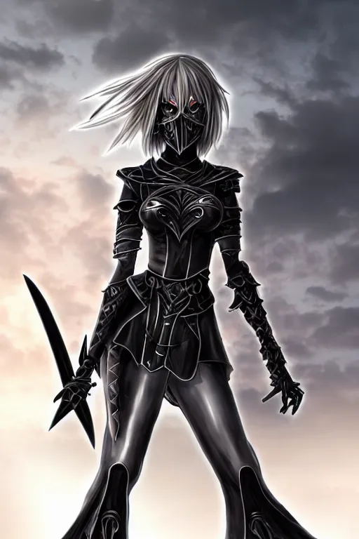 Prompt: full portrait, female vampire knight in black heavy armor, well - protected, metal mask, tall gladiator sandals, barefoot, giant two - handed sword covered in blood, enchanting, mysterious, elegant, good lighting, realistic proportions, reasonable fantasy, ghostblade, wlop