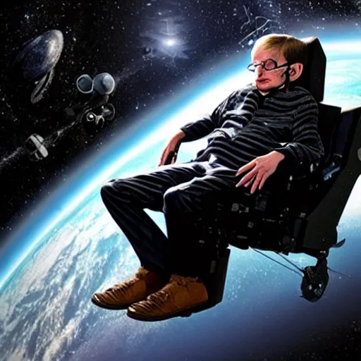 Prompt: Picture of an alien Stephen Hawking having adventures in space