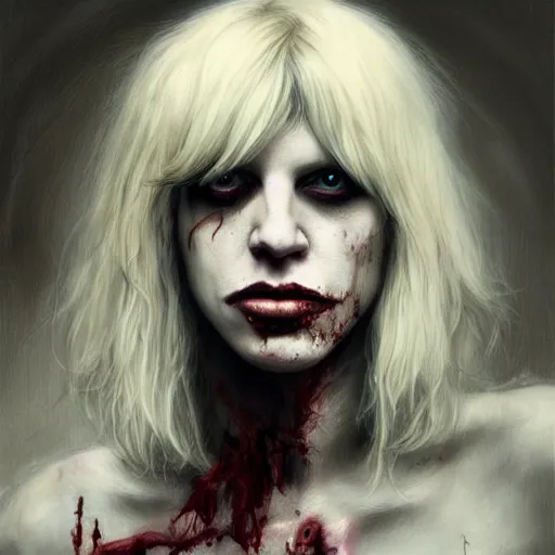 Image similar to portrait of young courtney love as a zombie with platinum blonde fluffy hair, 7 days to die zombie, gritty background, fine art, award winning, intricate, elegant, sharp focus, cinematic lighting, digital painting, 8 k concept art, art by michael hussar, art by brom, art by guweiz and z. w. gu, 8 k