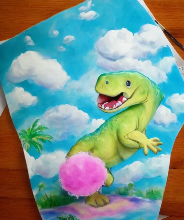 Image similar to a cute little dinosaur, water painting, cotton candy, fluffy clouds