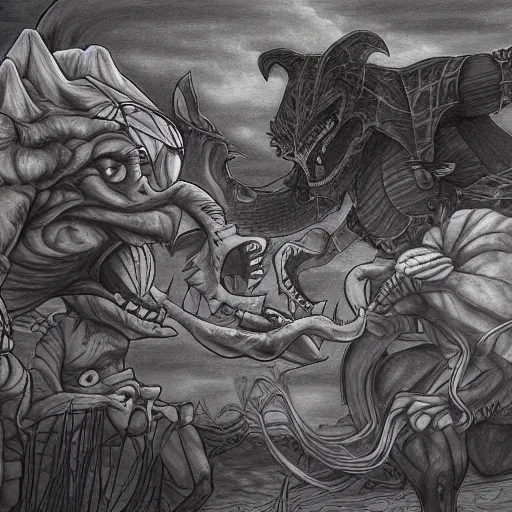 Prompt: detailed drawing of shadows chasing other shadow monsters by art gem.