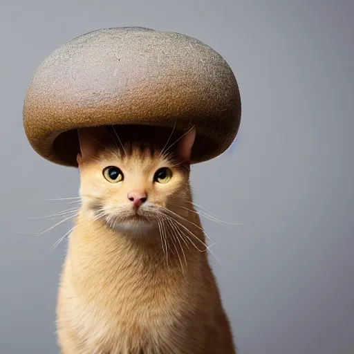 Image similar to a small domestic housecat with a flat mushroom growing atop its head