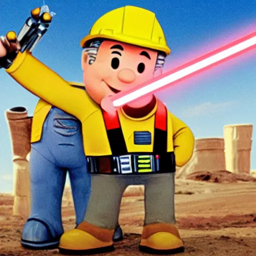 Image similar to bob the builder holding a lightsaber