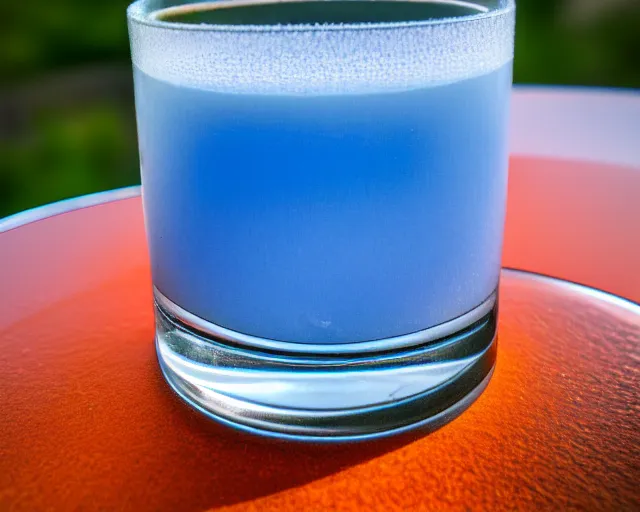 Prompt: 5 5 mm photo of glass of blue juice with flower on a zen minimalist round white table with marmalade sunset l in the background. highly detailed 8 k. intricate. lifelike. soft light,