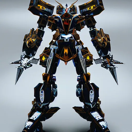 Image similar to perfect warrior mecha, metalic, realistic