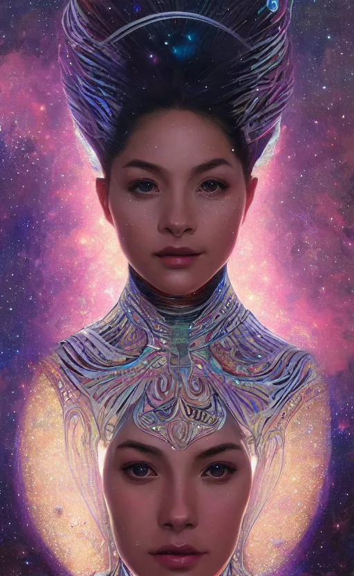 Image similar to portrait of a cosmic goddess, suit made out of stars and galaxies and cosmic energy, intricate, headshot, highly detailed, digital painting, artstation, concept art, sharp focus, cinematic lighting, illustration, art by artgerm and greg rutkowski, alphonse mucha, cgsociety