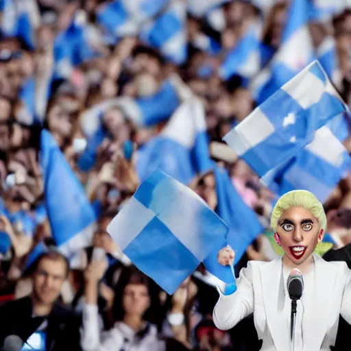 Image similar to Lady Gaga as president, Argentina presidential rally, Argentine flags behind, bokeh, giving a speech, detailed face, Argentina