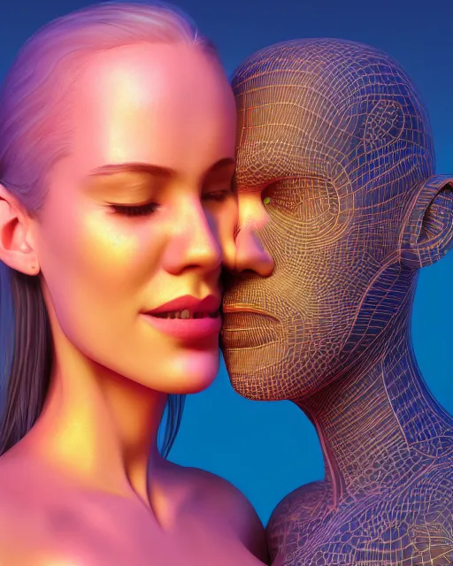 Image similar to 3 d render of kissing couple with profile picture by luis toledo and alex grey and beeple, neosurrealism. digital art, pixel art, concept art, octane render, trending on cgsociety, trending on artstation