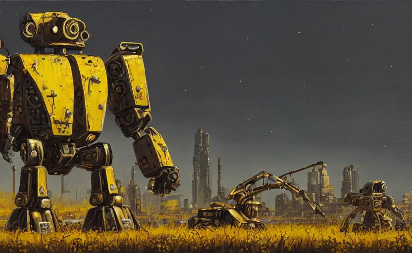 Image similar to an intricate oil painting of a giant armored plated metal mecha by simon stalenhag, rust, yellow and black trim