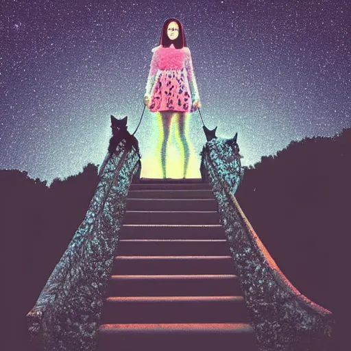 Image similar to a woman with long dark hair holding a cat in her arm standing on steps in a field at night, a hologram by kusama, instagram, optical illusion, full body, ultra hd, neon, pexels contest winner, high quality photo, rtx, hd, shiny eyes, a renaissance painting by sailor moon, anime, anime aesthetic