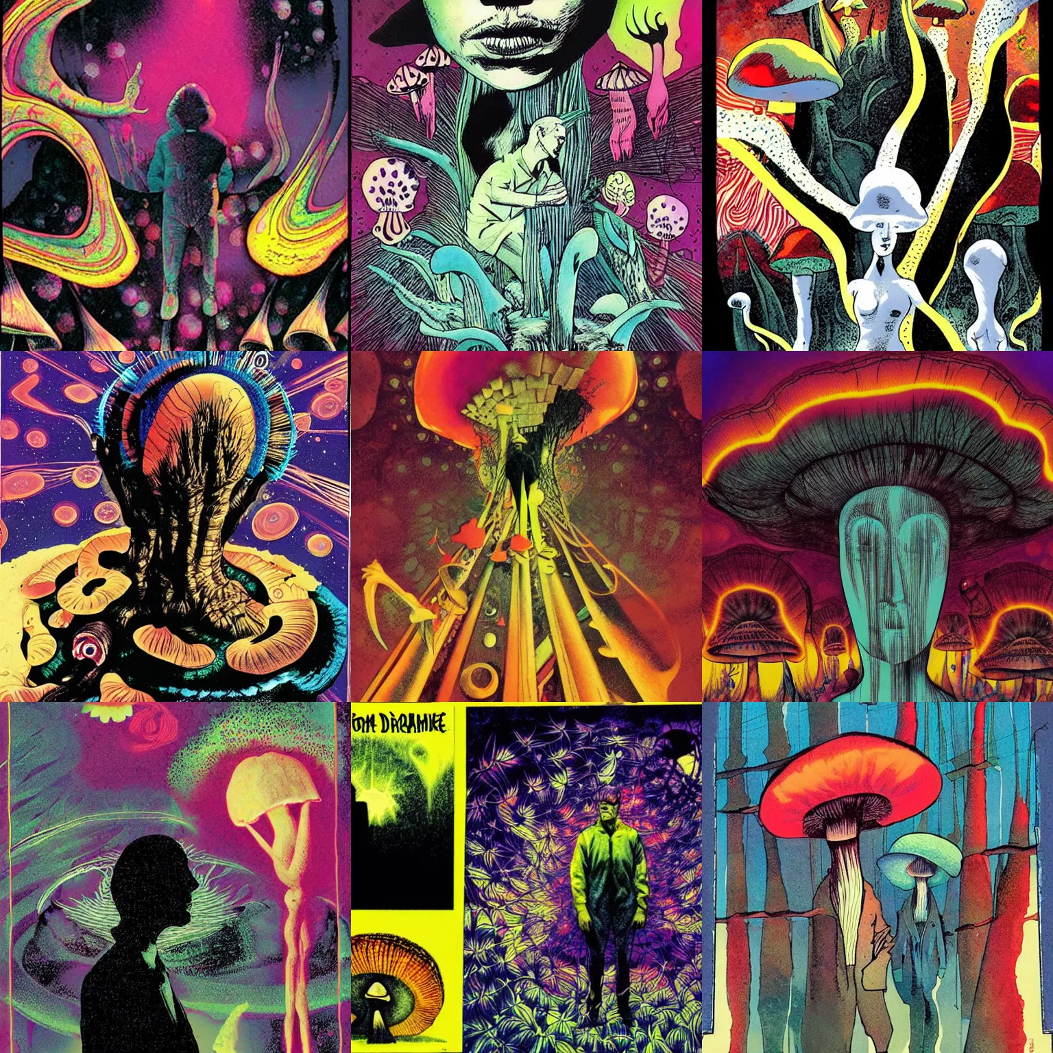 Prompt: psychedelic mushrooms dream, no fears, okay one fear, by dave mckean and dave gibbons