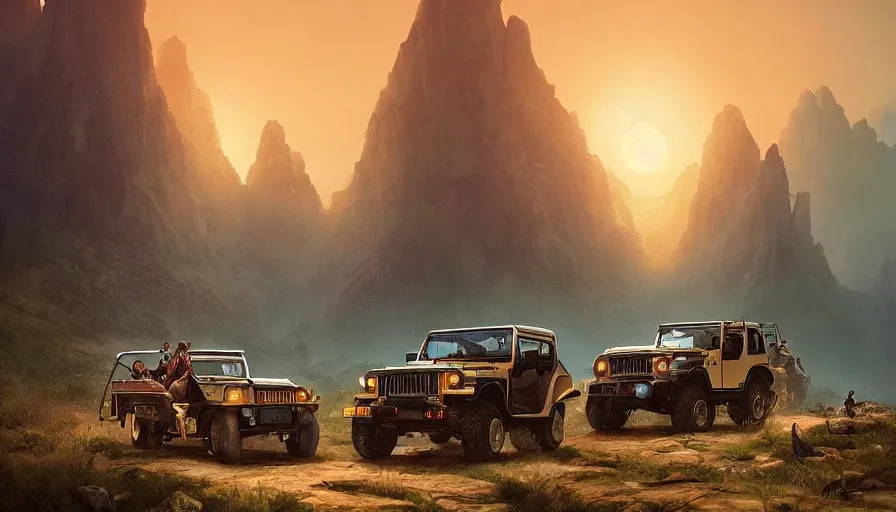 Image similar to Mahindra thar, tribe members watching nearby, an epic fantasy, dramatic lighting, cinematic, establishing shot, extremely high detail, photorealistic, cinematic lighting, artstation, by simon stalenhag, horizon forbidden west