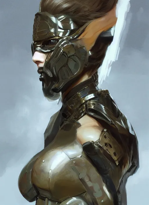 Image similar to a professional painting of a beautiful young female, clothed in military armor, olive skin, long dark hair, beautiful bone structure, symmetrical facial features, intricate, elegant, digital painting, concept art, smooth, sharp focus, illustration, from Metal Gear, by Ruan Jia and Mandy Jurgens and Artgerm and William-Adolphe Bouguerea