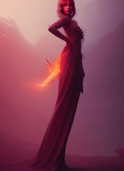 Prompt: satan daughter wearing gown, full body, pyromancer, intricate, elegant, highly detailed, digital painting, artstation, concept art, smooth, sharp focus, illustration, ethereal, misty, by ilya kuvshinov and jeremy mann, 8 k, octane render