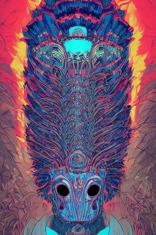 Image similar to totem animal tribal chaman vodoo mask feather gemstone plant video game illustration vivid color borderlands and by feng zhu and laurie greasley, victo ngai, andreas rocha, john harris radiating a glowing aura