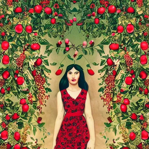 Image similar to Persephone surrounded by pomegranates, beautiful, modern