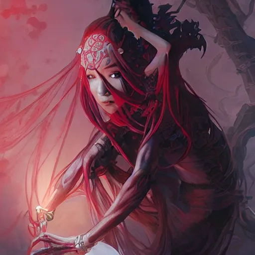 Image similar to japanese spider goddess, d & d, black and red color palette, highly detailed, digital painting, artstation, concept art, sharp focus, illustration, cinematic lighting, art by artgerm and greg rutkowski and alphonse mucha