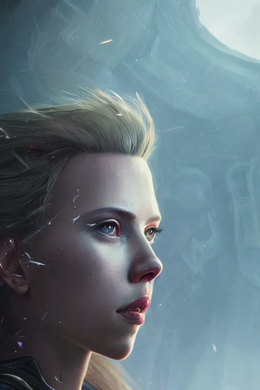 Image similar to a fancy portrait of Scarlett Johansson in crystaline armour by Greg Rutkowski, Sung Choi, Mitchell Mohrhauser, Maciej Kuciara, Johnson Ting, Maxim Verehin, Peter Konig, final fantasy , mythical, 8k photorealistic, cinematic lighting, HD, high details, atmospheric,