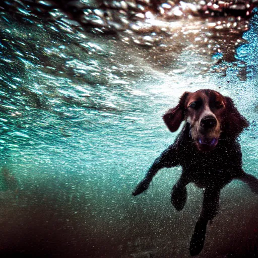 Image similar to dog underwater photography and light scattering, water refractions turned out impressive imho,