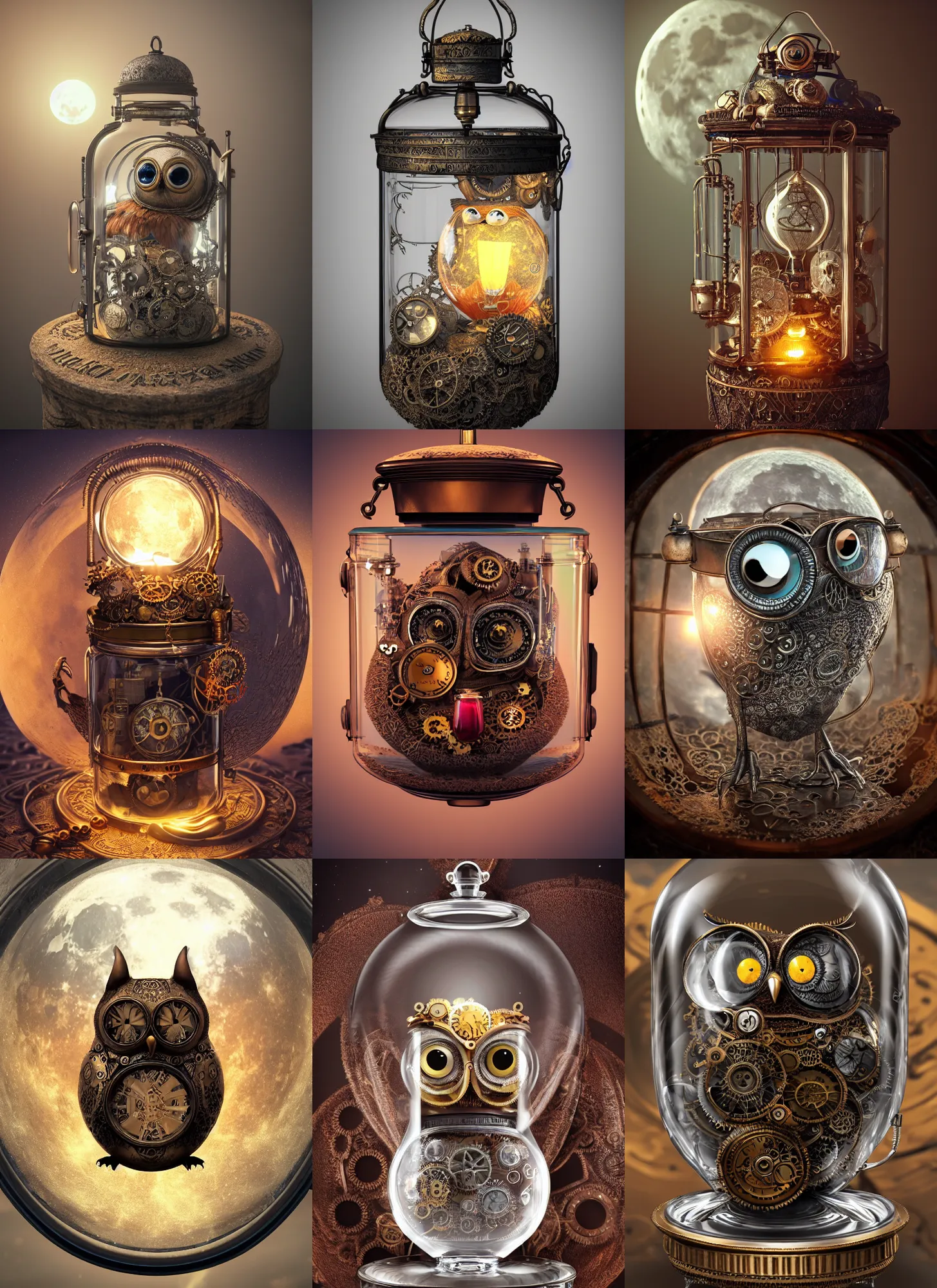 Prompt: steampunk owl inside a glass jar buried in sand, hourglass, intricate detail, hyper detailed, ultra realistic, sharp focus, octane render, lantern, volumetric, ray tracing, artstation trending, moon, pocketwatch, cgsociety, sense of awe, swirling mist, mystical, red moon, 4 k