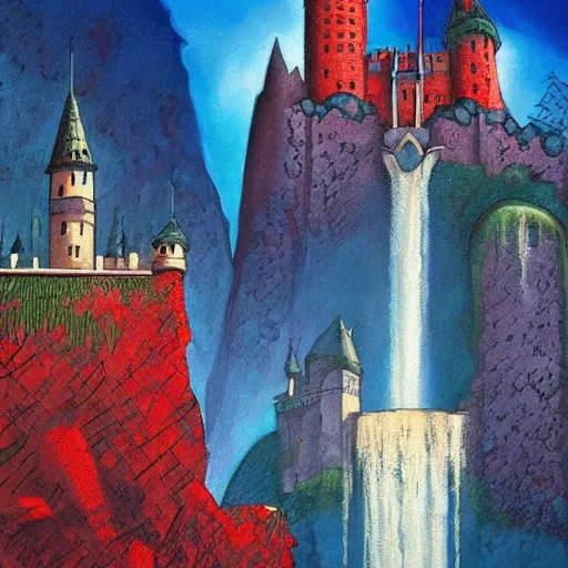 Prompt: a painting of a castle with a waterfall in front of it. digital painting, vertical, intricate, beautiful, detailed, grunge, sharp focus, abstract art by kuvshinov and el lissitzky and artgerm and kandinsky, trending on artstation. blue, dark red and dark purple color scheme, gradient darker to bottom