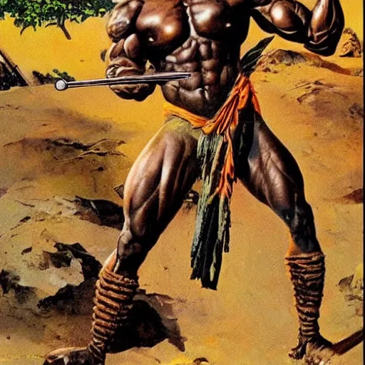 Prompt: a muscular warrior from sub - saharan africa, crouching and holding a weapon. frank frazetta, earl norem, bob larkin.