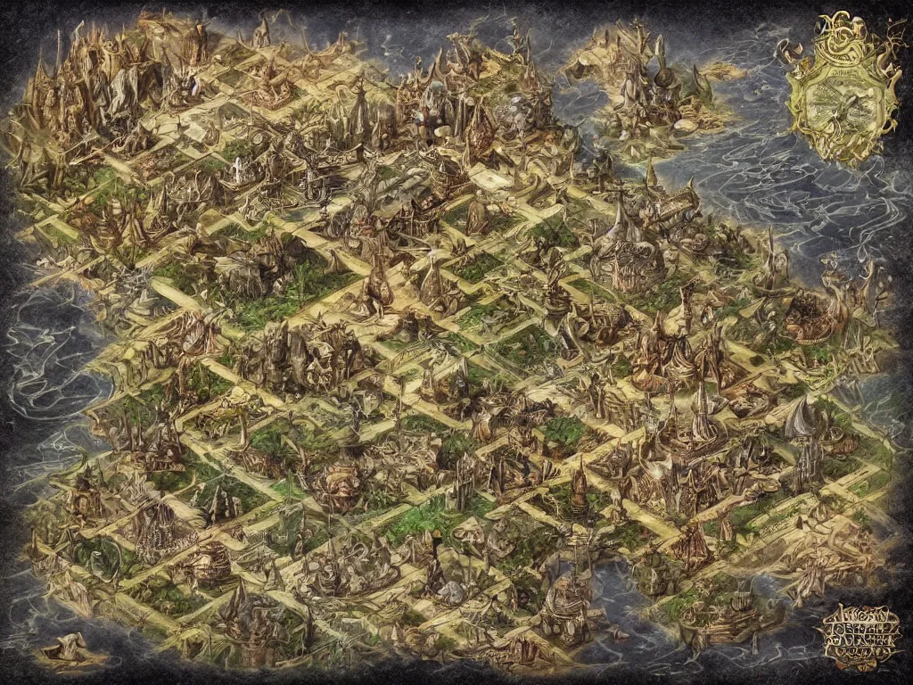 Prompt: an isometric disney dark fantasy map of a continent bordered by ocean by brian froud and hr giger