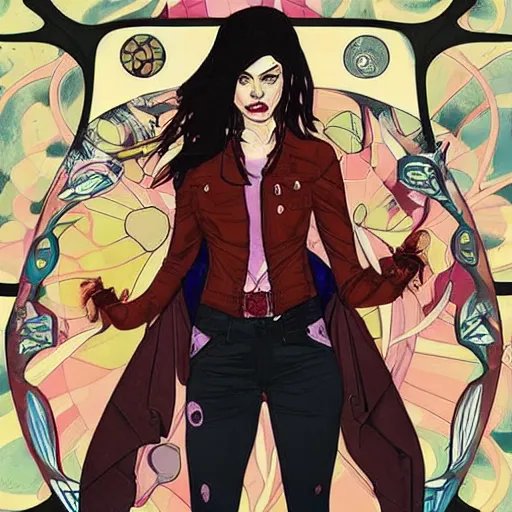 Image similar to Jamie McKelvie comic art, loish, Alphonse Mucha, pretty female Samara Weaving vampire, very sharp vampire fangs teeth, bloody blood on face face, sarcastic smile, symmetrical eyes, symmetrical face, brown leather jacket, jeans, long black hair, full body, bright colors, highly saturated