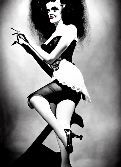 Image similar to pin - up photography of the bride of frankenstein, flash photography,