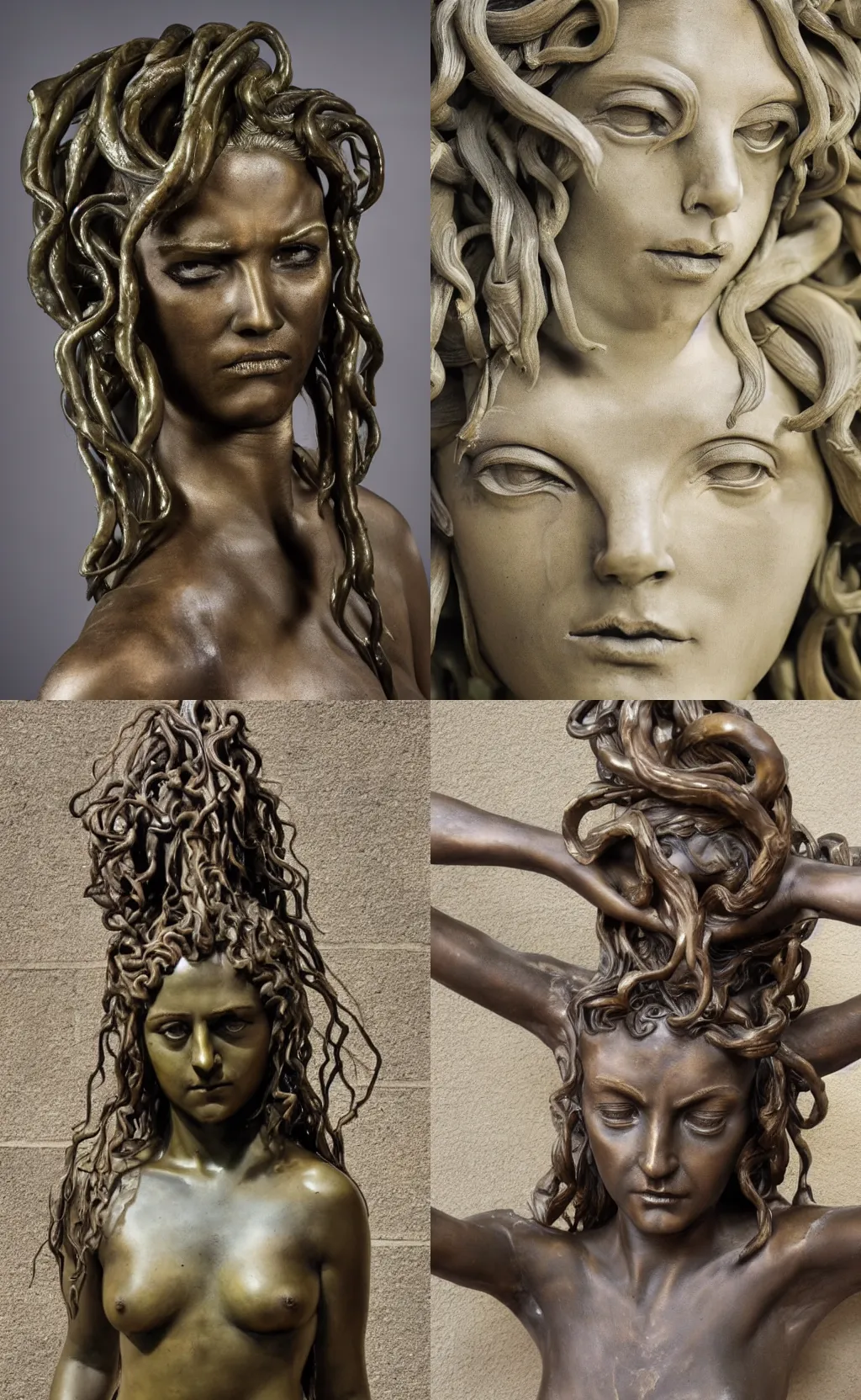 Prompt: full body bronze sculpture of medusa, renaissance style, patina, sharp facial features, angry, professional photography, dynamic and dominant