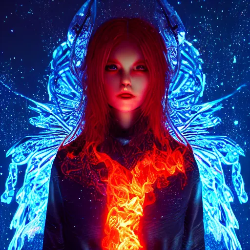 Prompt: portrait of a fire sprite, flames, dark, red glowing background lighting, hyper detailed, fairy tale, 4 k octane render