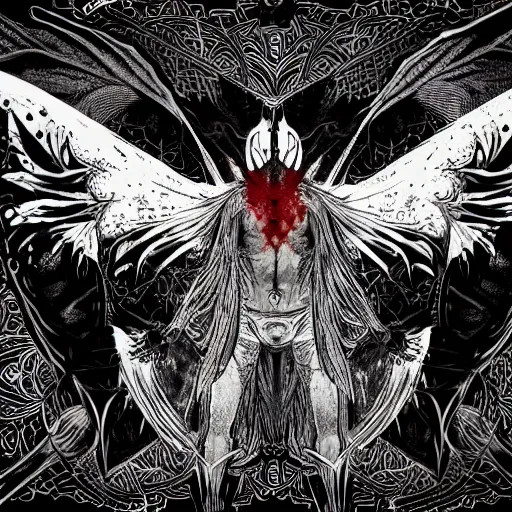 Image similar to 4K headshot of mothman with defined arms and open hands and bloody clothes with giant mandala wings , intricate face , flawless anime cel animation by Kentaro Miura, psychedelic , highly detailed upper body , professionally post-processed , beautiful, scary, symmetry accurate features, epic, octane rendered, anime masterpiece, accurate