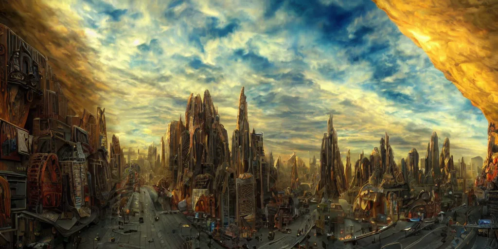 Image similar to fantasy oil painting, ultra futuristic, megalithic buildings, looming, billboards, advertisements, small buildings, warm lighting, street view, daytime, silhouetted figure standing overlooking the city, distant mountains, bright clouds, luminous sky, cinematic lighting, michael cheval, michael whelan, artstation, oil painting, vray, 8 k hd