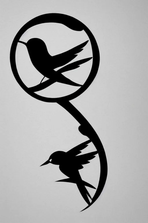 Image similar to a beautiful swallow tattoo design of minimalist swallows flying into spherical lines and simple basic shapes, black ink, abstract logo, line art