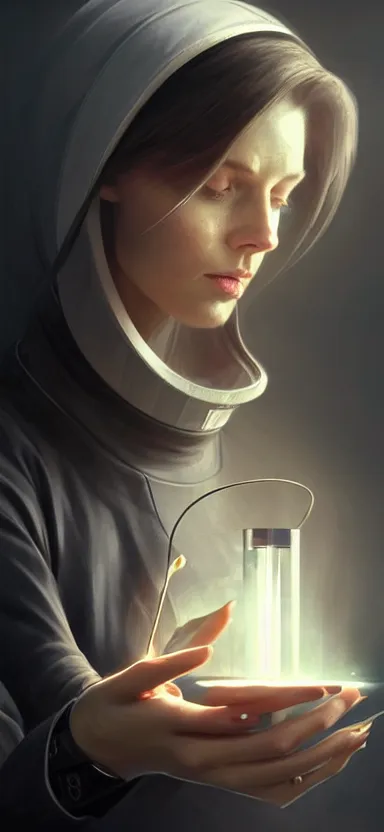 Image similar to a portrait art of a beautiful female scientist in a laboratory holding a small black hole in her hands, inspired art by istvan sandorfi and greg rutkowski, concept art, stylised, elegant, illustration, high quality, highly detailed, long hair, digital art, futuristic art style, artstation