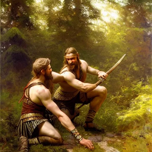 Image similar to 2 attractive male vikings frolicking in the forest. highly detailed painting by gaston bussiere, craig mullins, j. c. leyendecker, 8 k