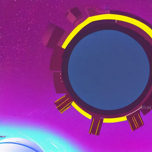 Image similar to Space station next to a black hole in the style of Kurzgesagt, digital art