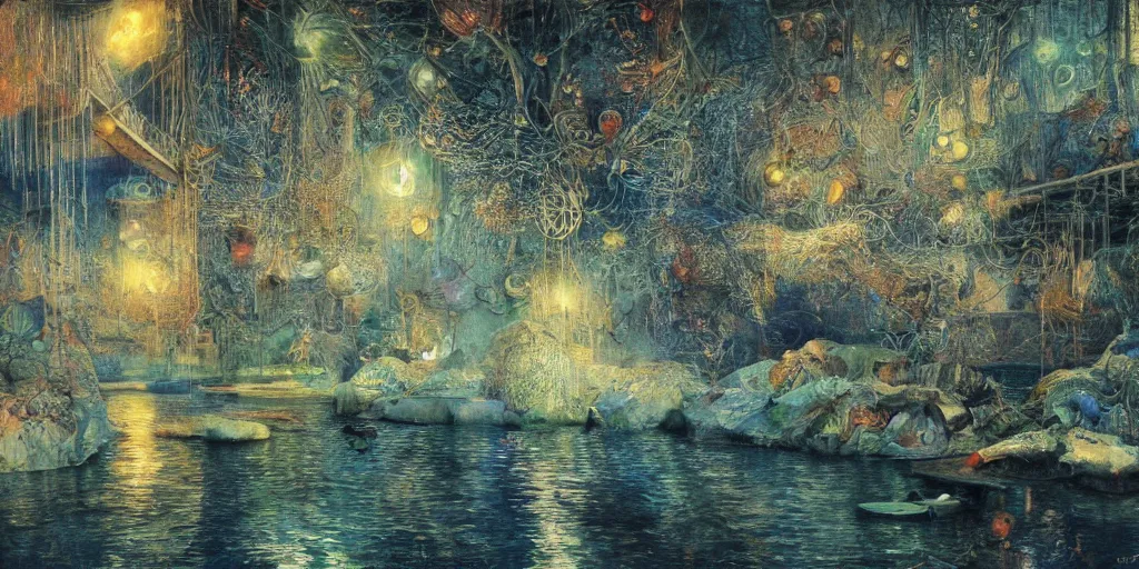 Prompt: a mystic river, the river is full of lights, mysticism, artwork, watercolor, cinematic, exposure, slit - scan photography, 4 k, ultra - hd, incandescent, ray tracing reflections, insanely detailed and intricate, elegant, ornate, hyper realistic, super detailed by dorothea tanning, by bruce pennington